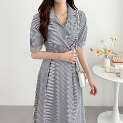 Vintage Striped Waist-tight Puff Sleeve Maxi Dress