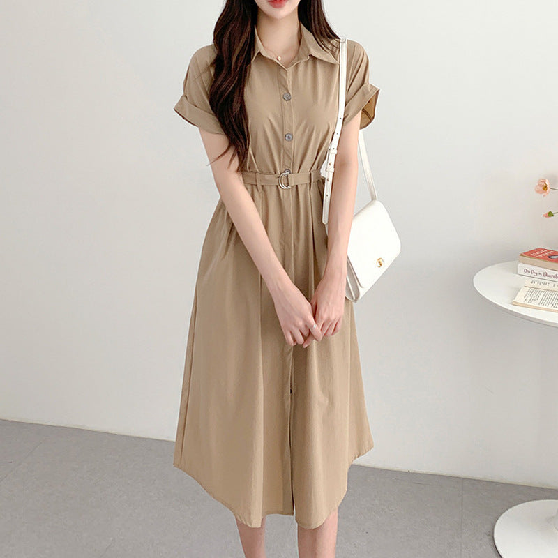 Solid Color Polo Collar Short Sleeve Maxi Dress
