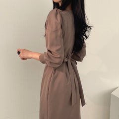 Square Collar Puff Sleeve Midi Dress