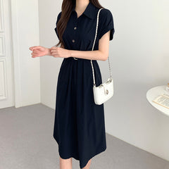 Solid Color Polo Collar Short Sleeve Maxi Dress