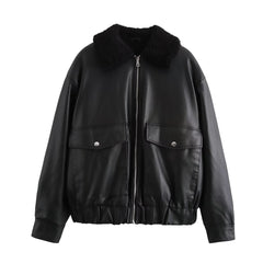 Vintage Big Pocket Pu Leather Zip Up Jacket