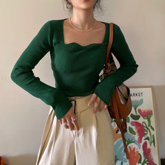 Square Collar Long Sleeve Knitted Tee