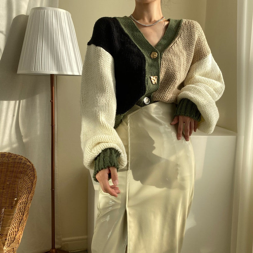 V-Neck Patchwork Oversized Knitted Cardigan