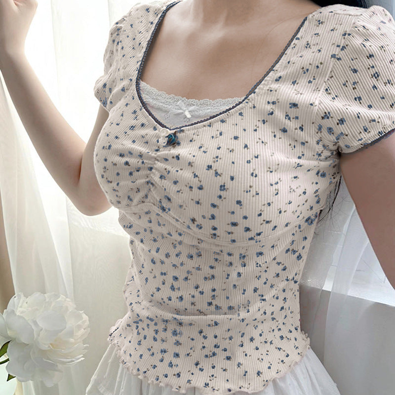 Lace Stitching Square Collar Bow Floral Tee