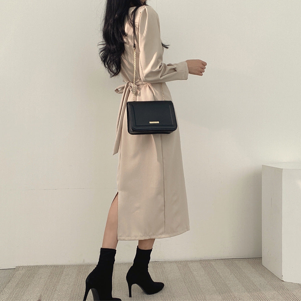 Square Collar Puff Sleeve Midi Dress