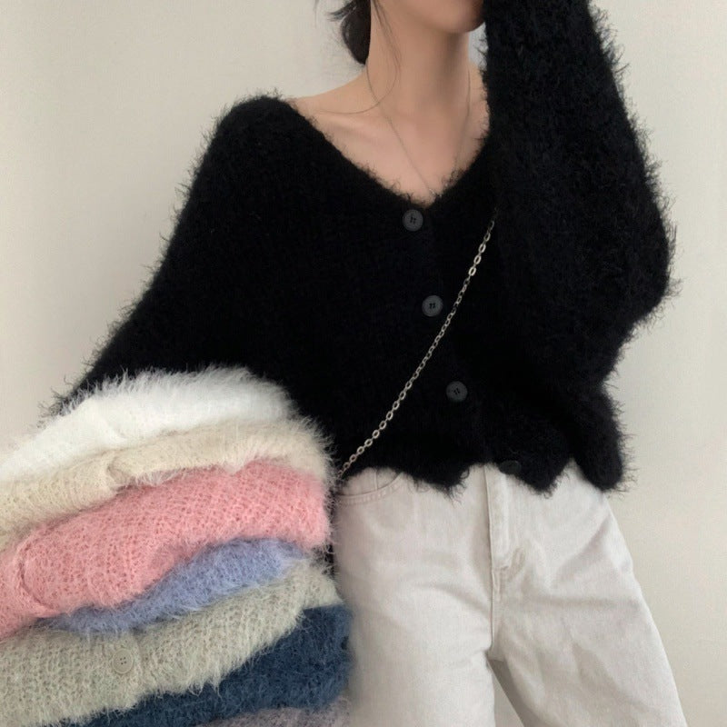 V-neck Knitted Fuzzy Cardigan