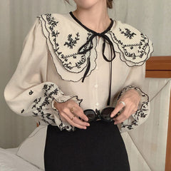 Embroidered Floral Collar Bow Tie Long Sleeve Blouse