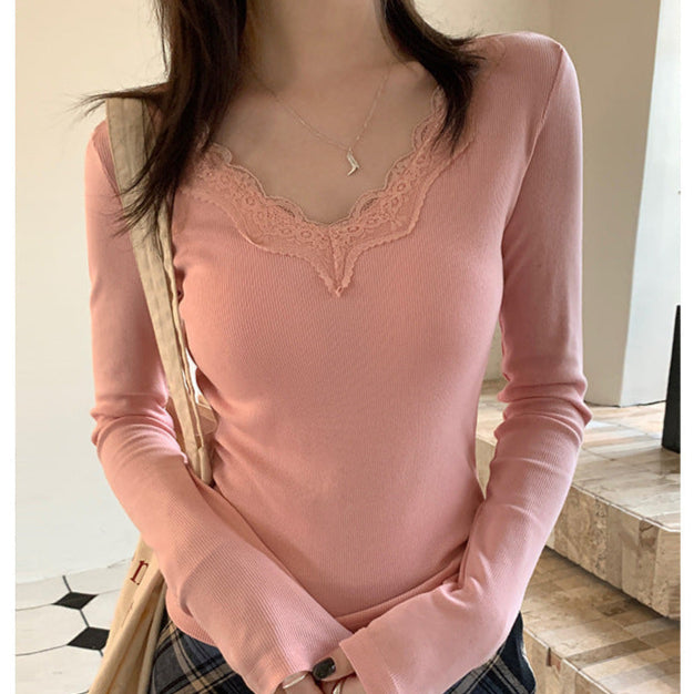 V-Neck Lace Trim Slim Long Sleeve Tee