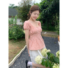 Square-neck Cinched Slimming Shirt Summer Design Short-sleeved Top