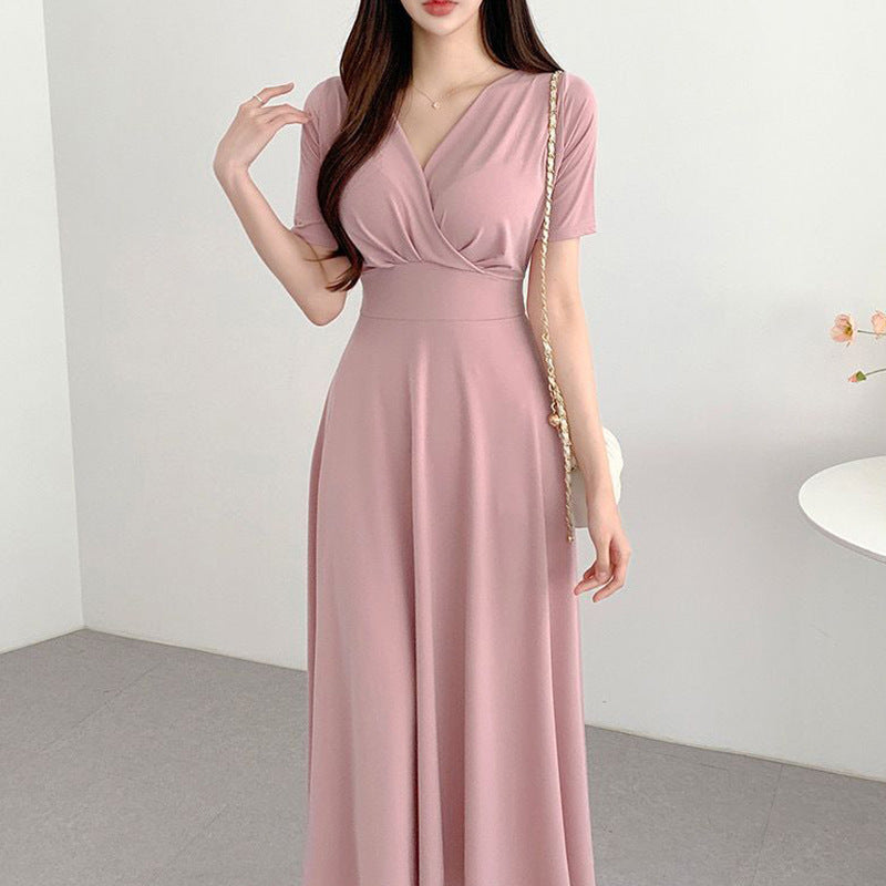 V-neck Cross Pleated Casual Midi Dress