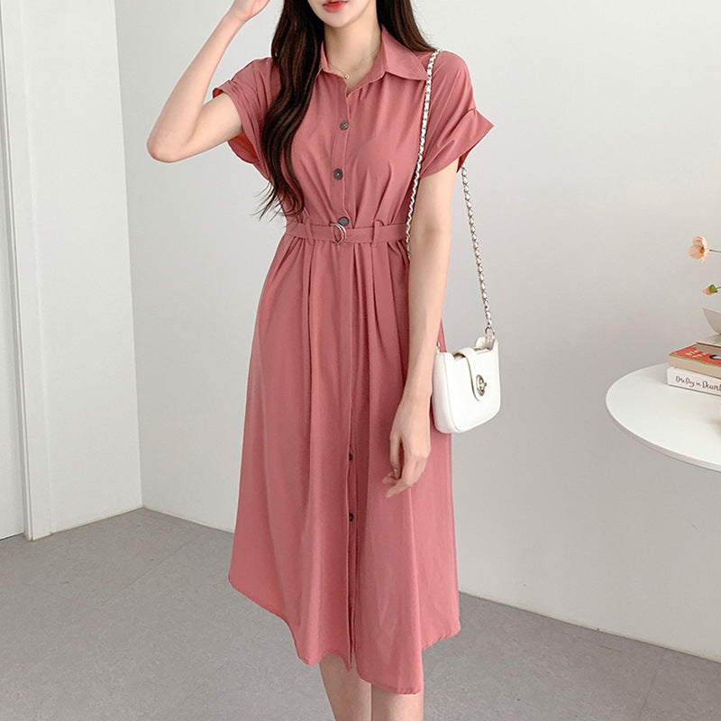 Solid Color Polo Collar Short Sleeve Maxi Dress