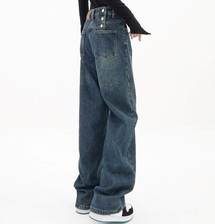 Three Button Baggy Wide Leg Boyfriend Jeans