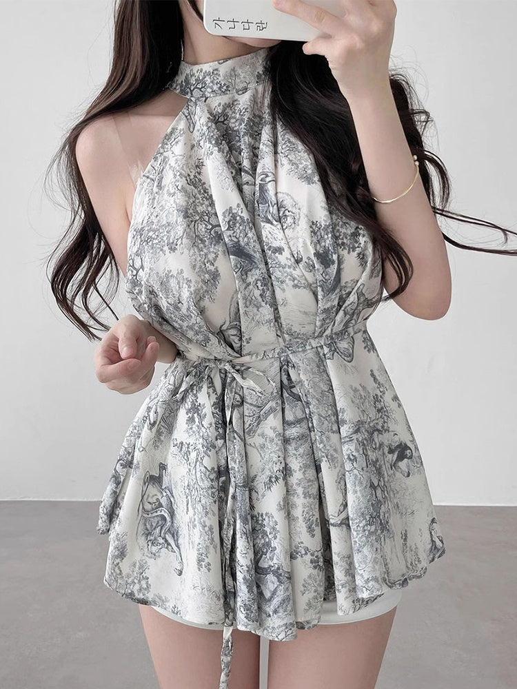 Vintage Stand Collar Ink Printing Chiffon Shirt