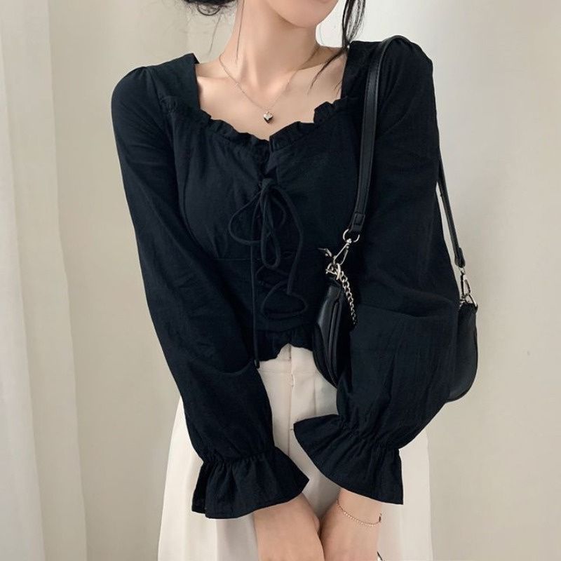 Square Collar Front Tie Ruffled Long Sleeve Blouse