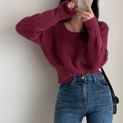 Solid Color Round Neck Cropped Sweater