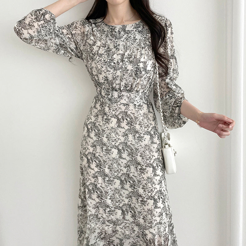 Round Neck Floral Long Sleeve Dress