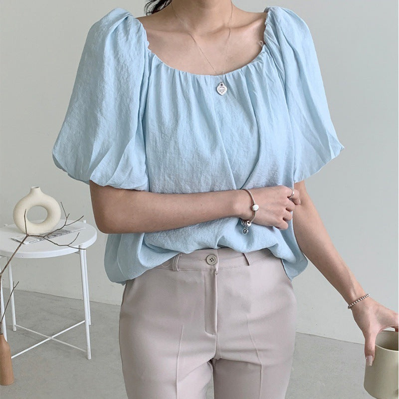 Solid Color Oversized Puff Sleeve Blouse