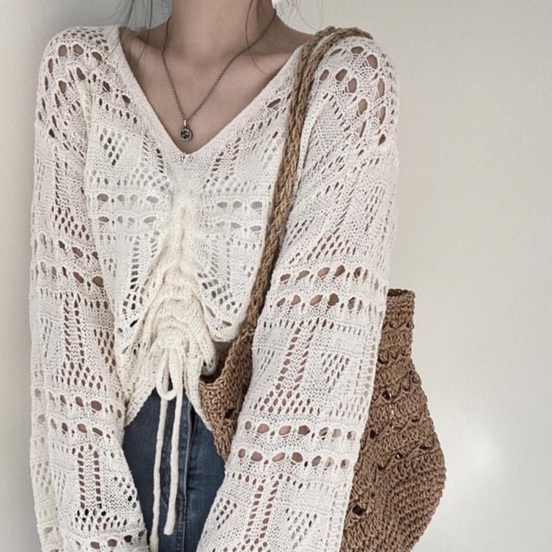 V Neck Lace Up Crochet Knitted Tee