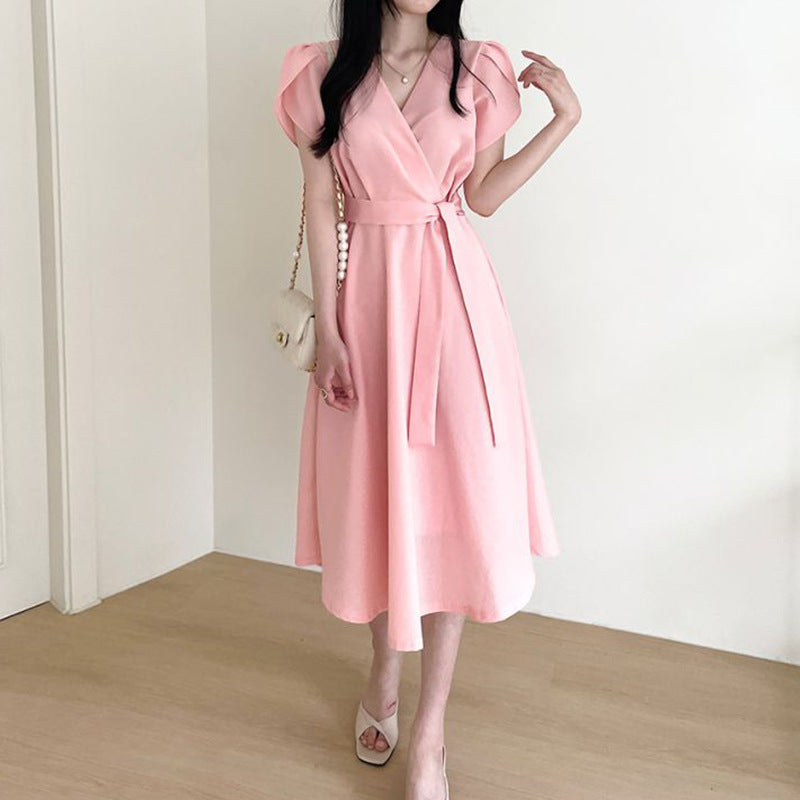 V Neck Puff Short Sleeve Midi Dress