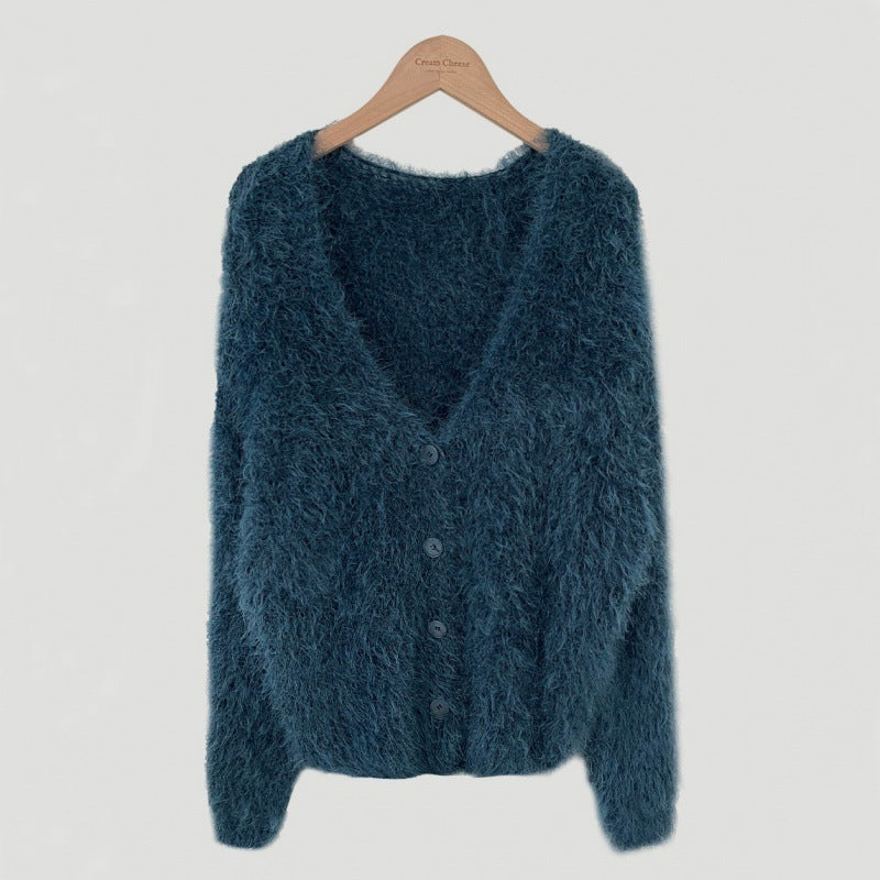 V-neck Knitted Fuzzy Cardigan