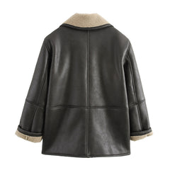 Vintage Lamb Wool Collar Pu Leather Coat