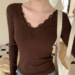 V-Neck Lace Trim Slim Long Sleeve Tee