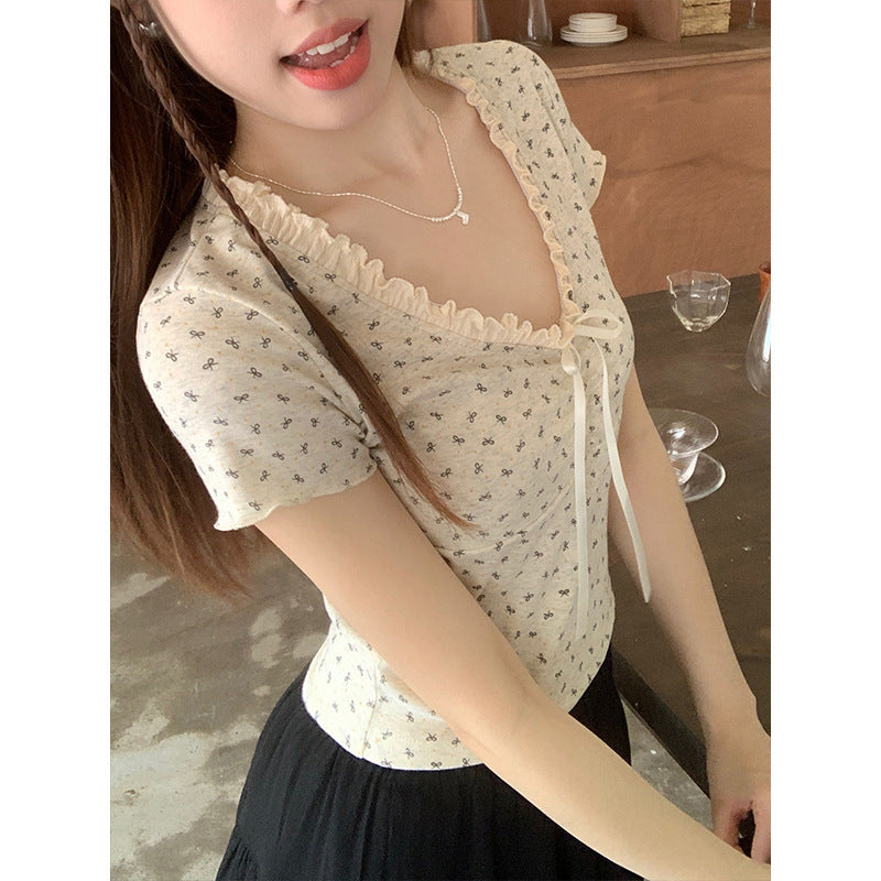 Small Lace V-neck Patchwork Floral Short Sleeve Women