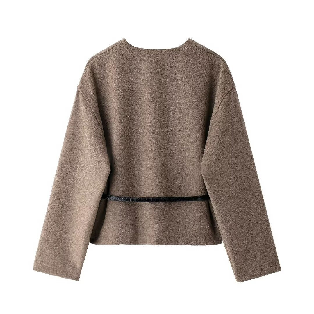 Clothing With Belt Soft V-neck Long Sleeve Jacket Coat