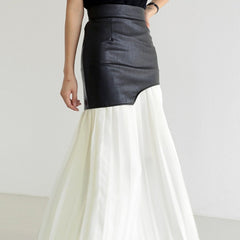 Asymmetric Patchwork Faux Leather Chiffon Pleated Midi Skirt