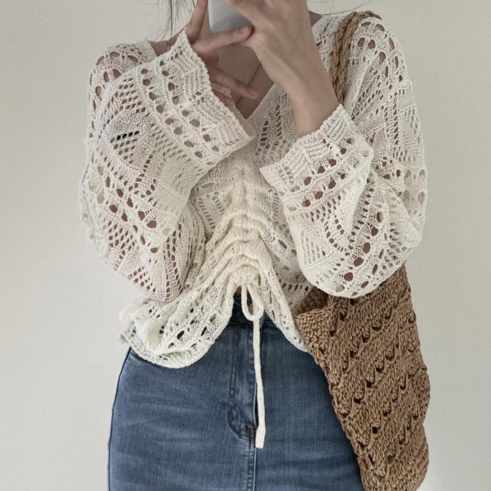 V Neck Lace Up Crochet Knitted Tee