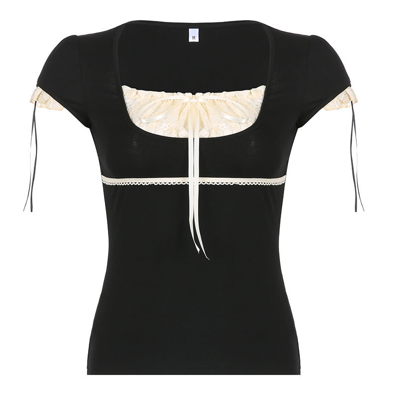 Lace Stitching Bow Square Collar High Waist Short Sleeve T-shirt Top