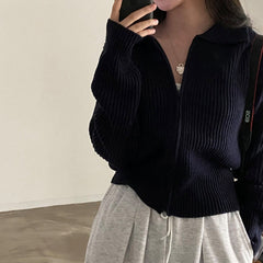 Lapel Zip Up Casual Sweater