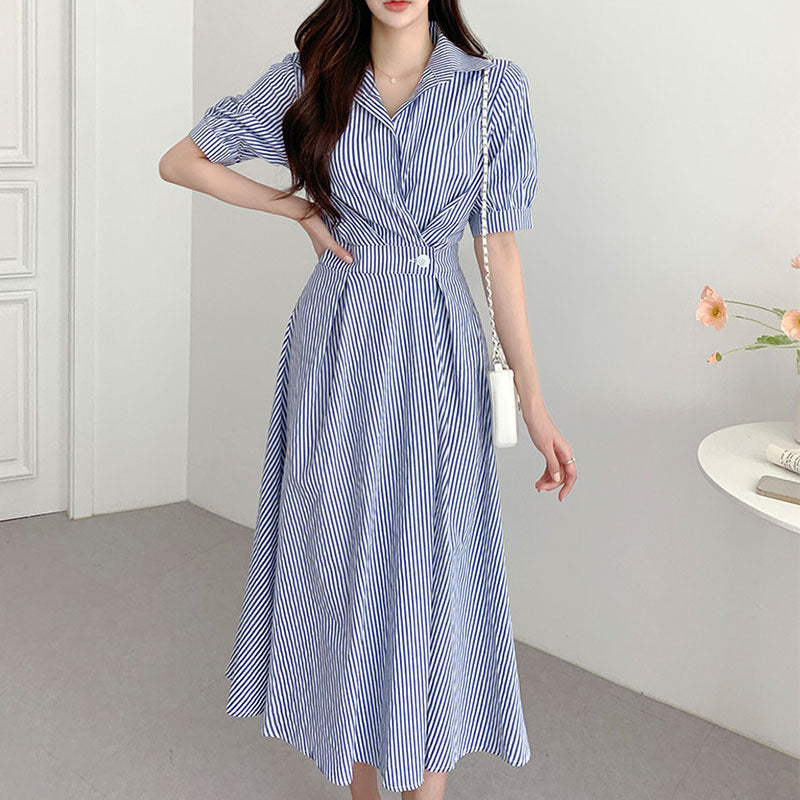 Vintage Striped Waist-tight Puff Sleeve Maxi Dress