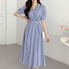 Vintage Striped Waist-tight Puff Sleeve Maxi Dress