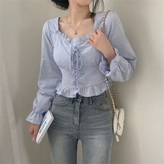 Square Collar Front Tie Ruffled Long Sleeve Blouse