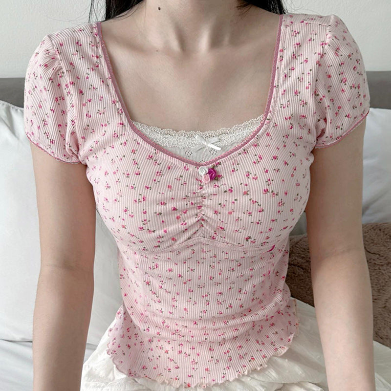 Lace Stitching Square Collar Bow Floral Tee