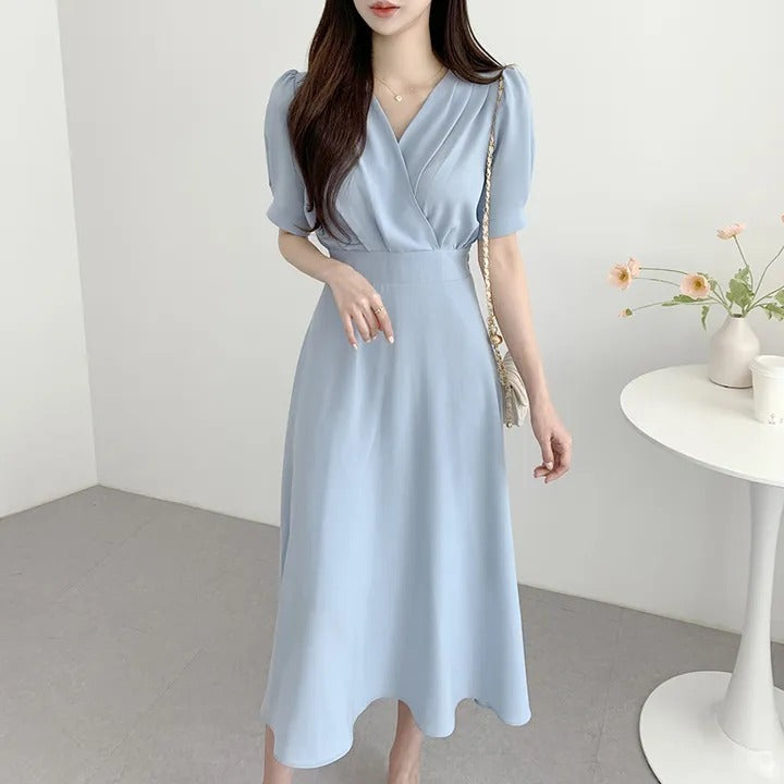 Solid Color V-neck Puff Short Sleeve Midi Dress