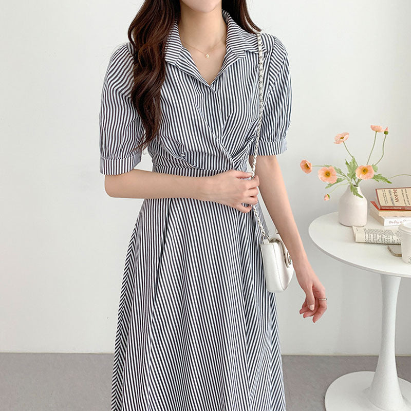 Vintage Striped Waist-tight Puff Sleeve Maxi Dress