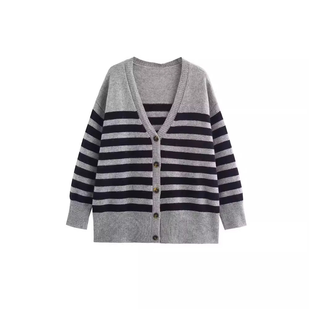 V-Neck Striped Oversized Knitted Cardigan