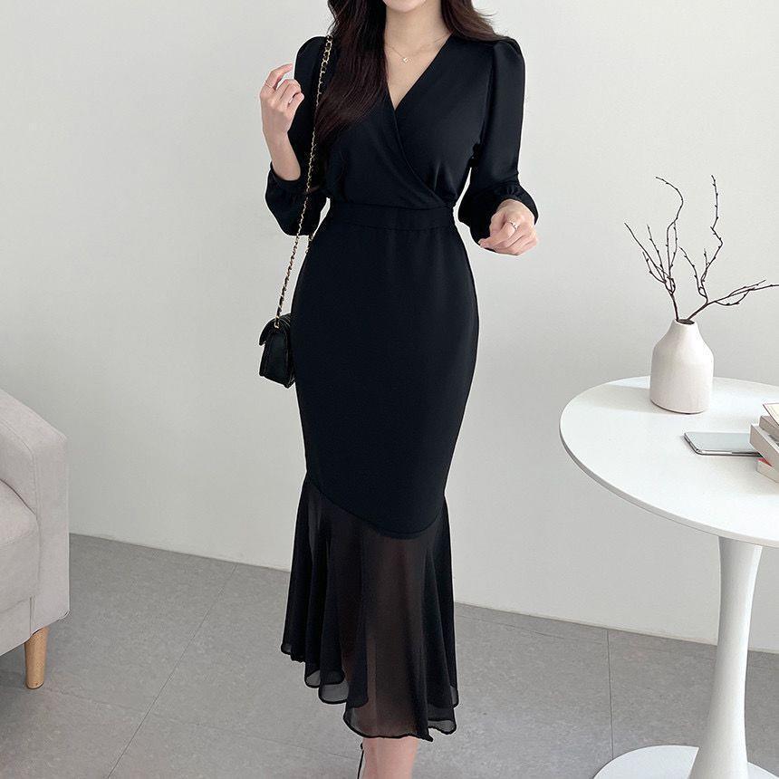 Cross V-neck Tie Waist Puff Sleeve Mermaid Dress