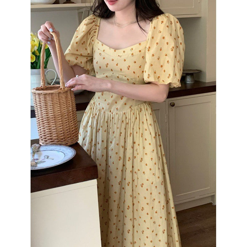 French Light Yellow Square Collar Pear-shaped Slightly Fat Dopamine Dress