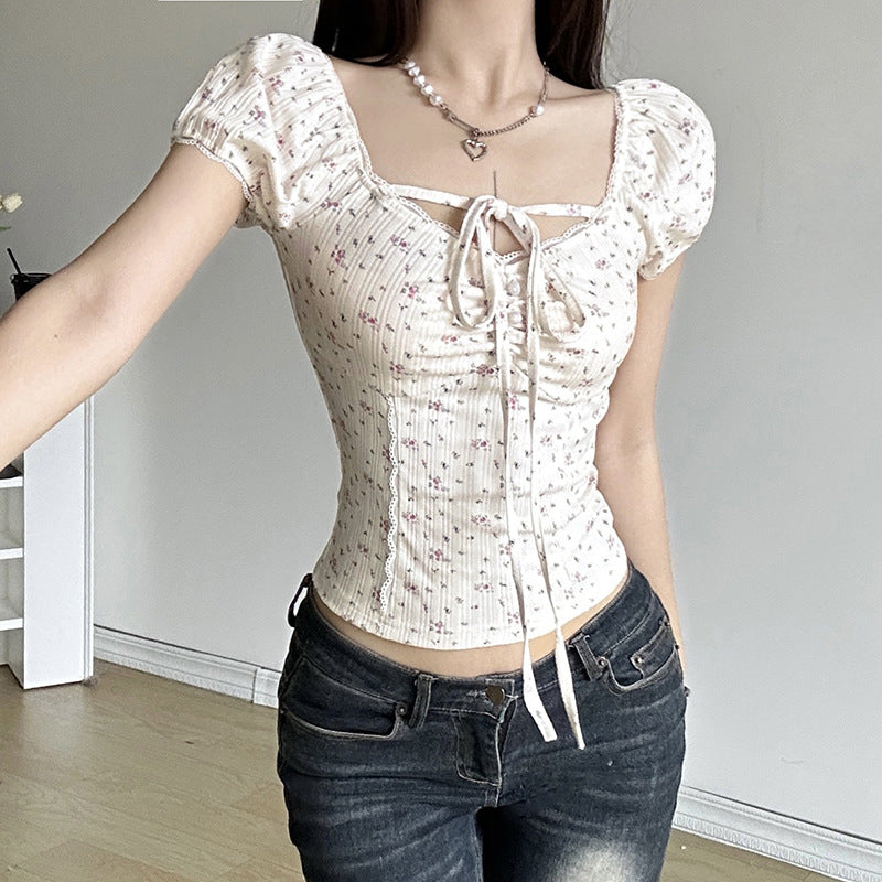 Aesthetic Floral Puff Short Sleeve Front Tie Tee