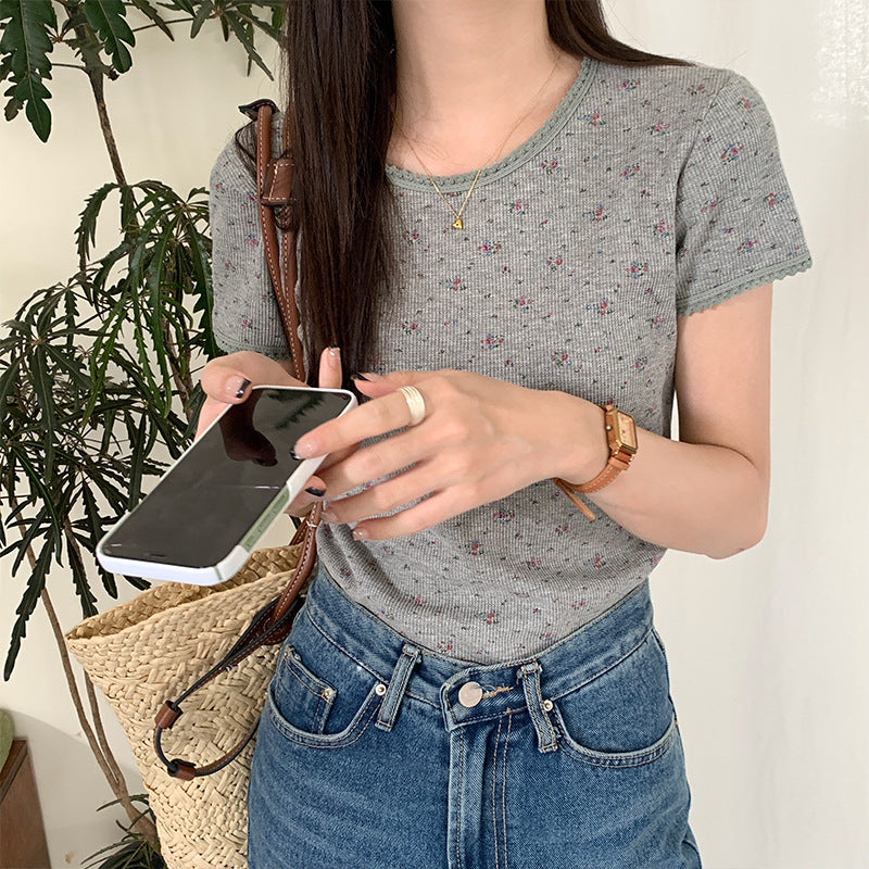 Lace Trim Round Neck Floral Short Sleeve Tee