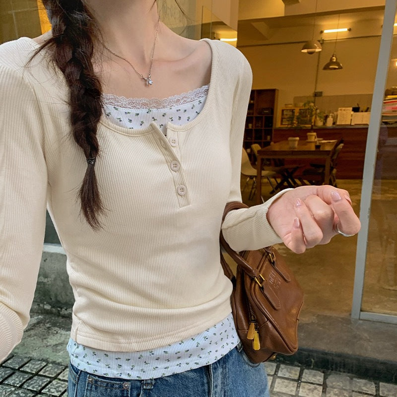 Lace Trim Round Neck Long Sleeve Tee