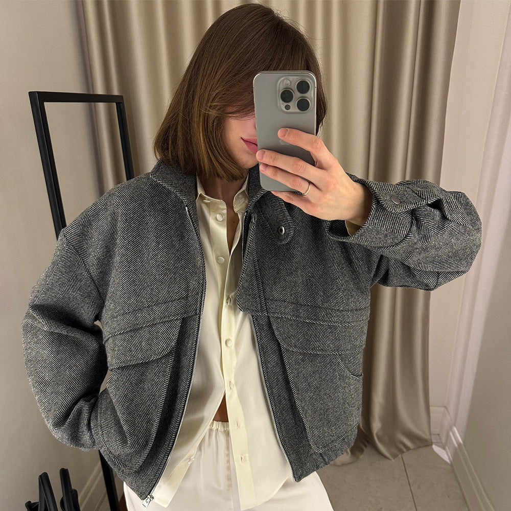 Vintage Stand-up Collar Zip Up Jacket