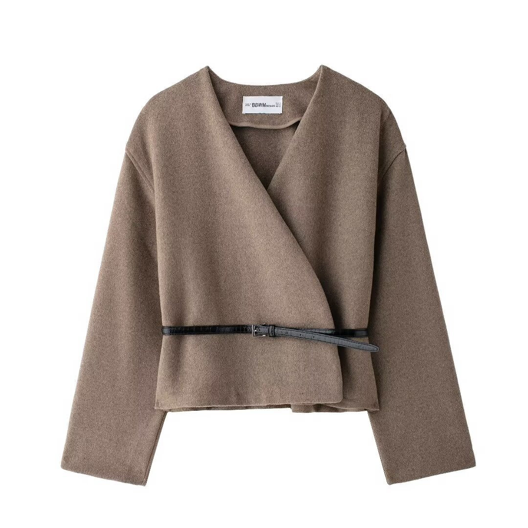 Clothing With Belt Soft V-neck Long Sleeve Jacket Coat
