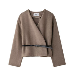 Clothing With Belt Soft V-neck Long Sleeve Jacket Coat