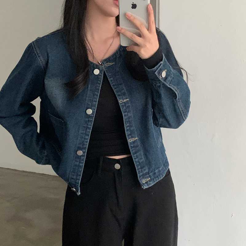 Vintage Round Neck Light Wash Denim Jacket