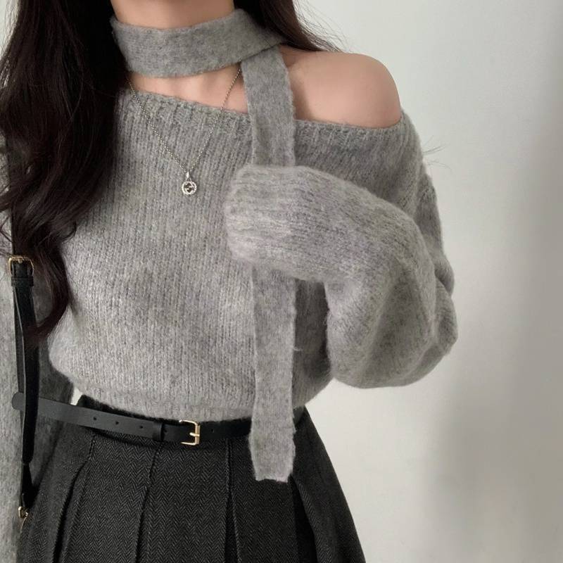 Solid Color Off-shoulder Long Sleeve Sweater