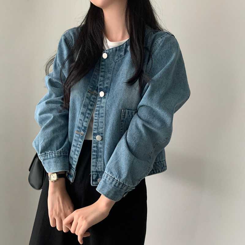 Vintage Round Neck Light Wash Denim Jacket